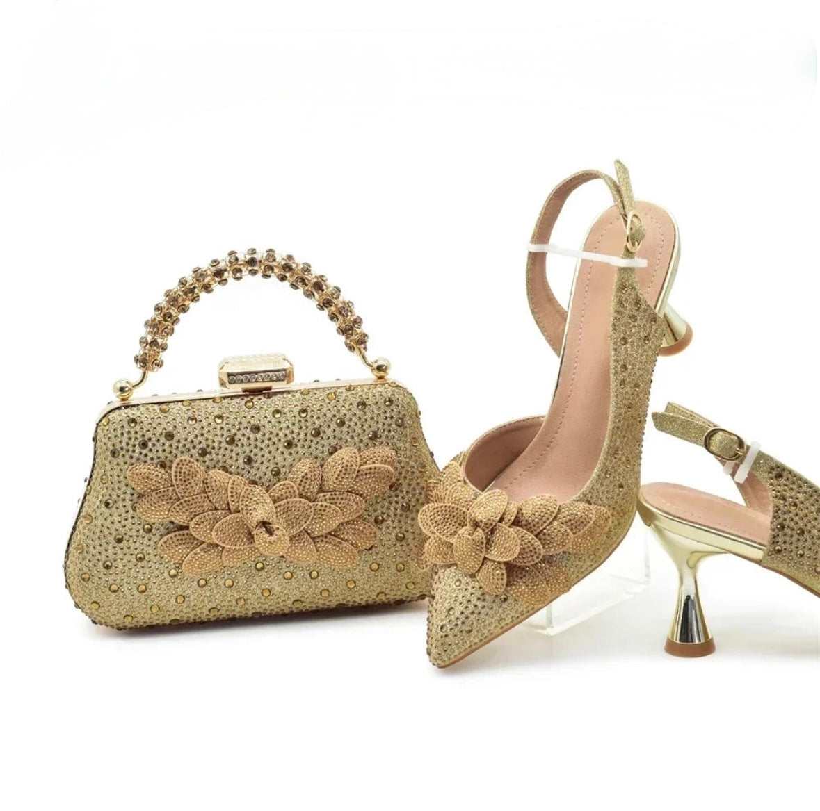 Luxe Floral Glitter Heels & Beaded Handbag Set