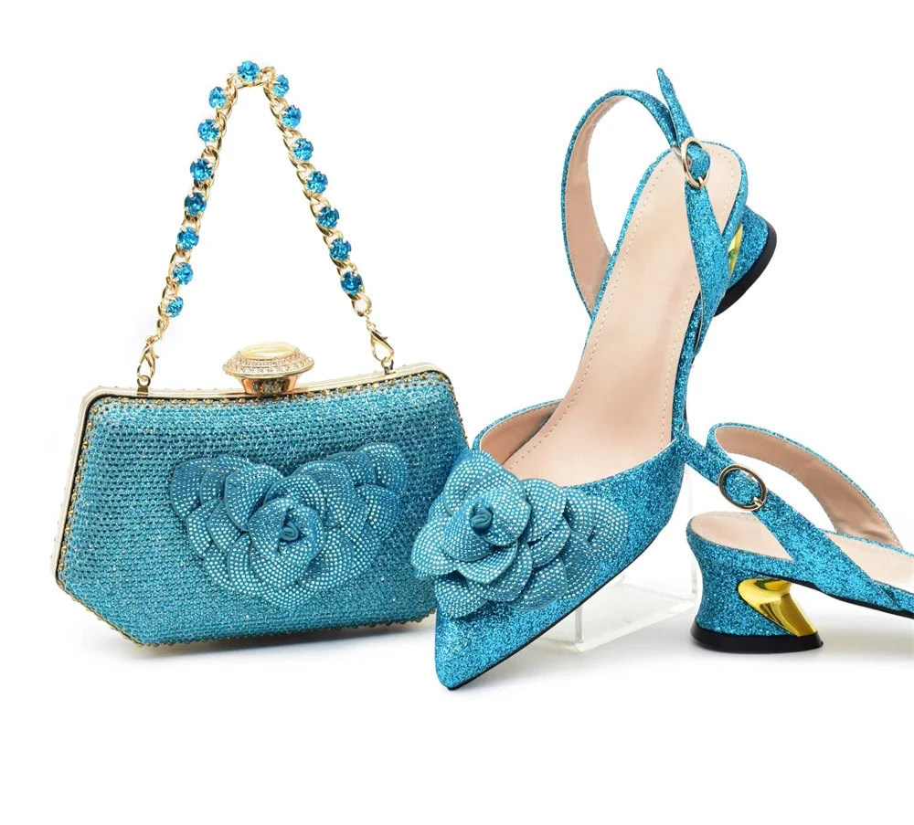 Floral Sparkle Slingback Heels & Matching Handbag Set