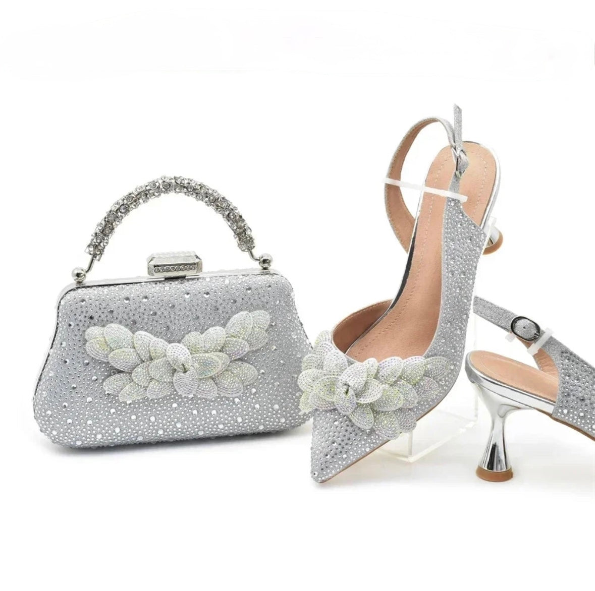 Luxe Floral Glitter Heels & Beaded Handbag Set