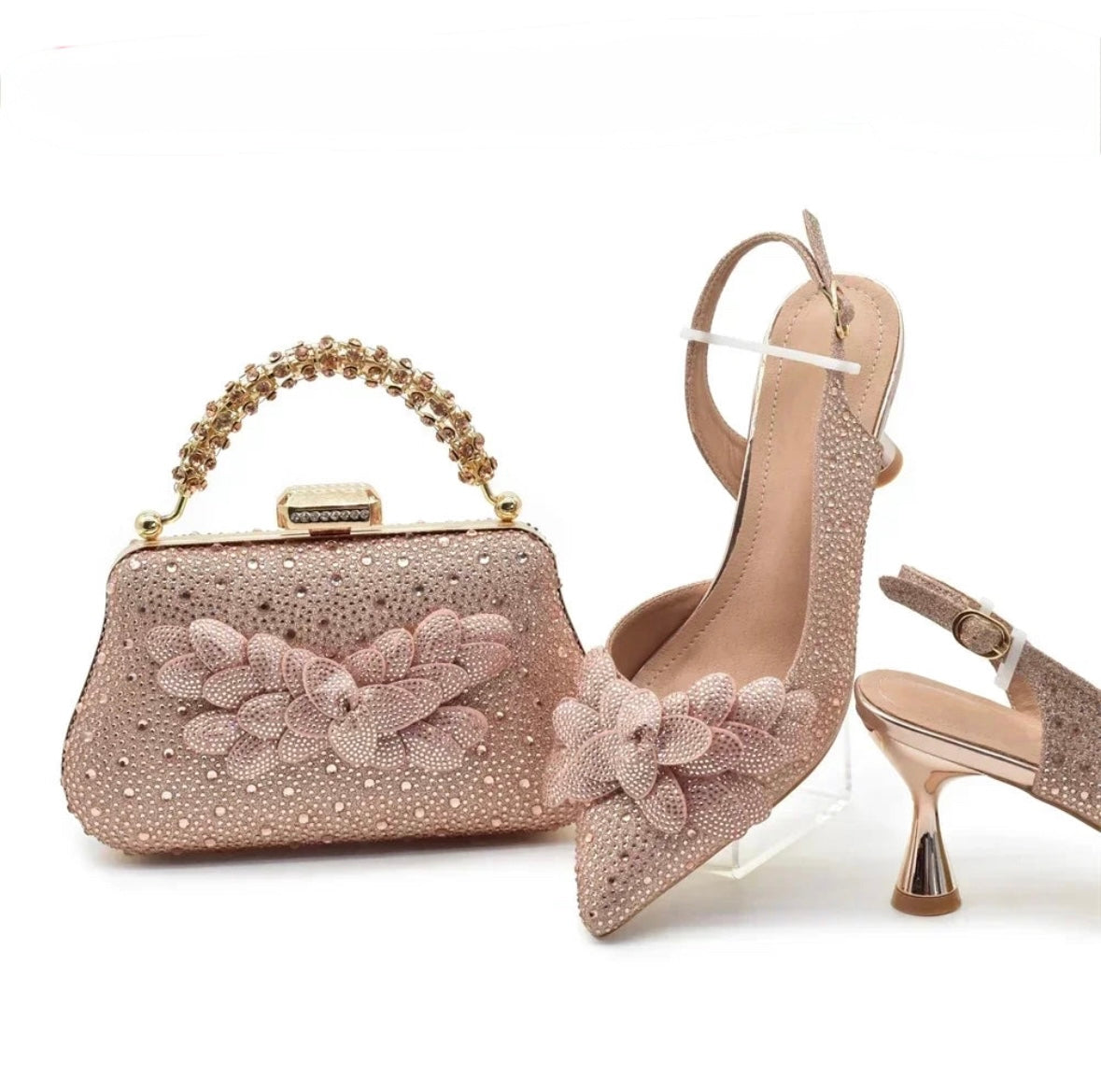 Luxe Floral Glitter Heels & Beaded Handbag Set