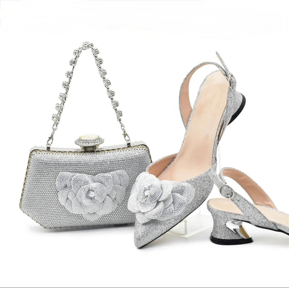 Floral Sparkle Slingback Heels & Matching Handbag Set