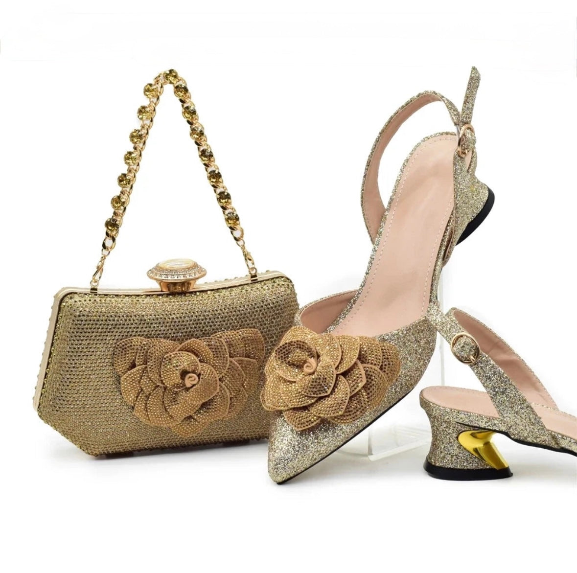 Floral Sparkle Slingback Heels & Matching Handbag Set