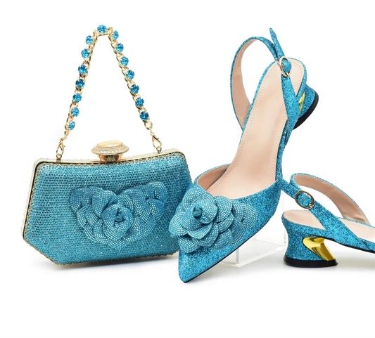 Floral Sparkle Slingback Heels & Matching Handbag Set